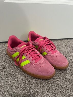 adidas Pink Suede Sneakers with Neon Lime Stripes